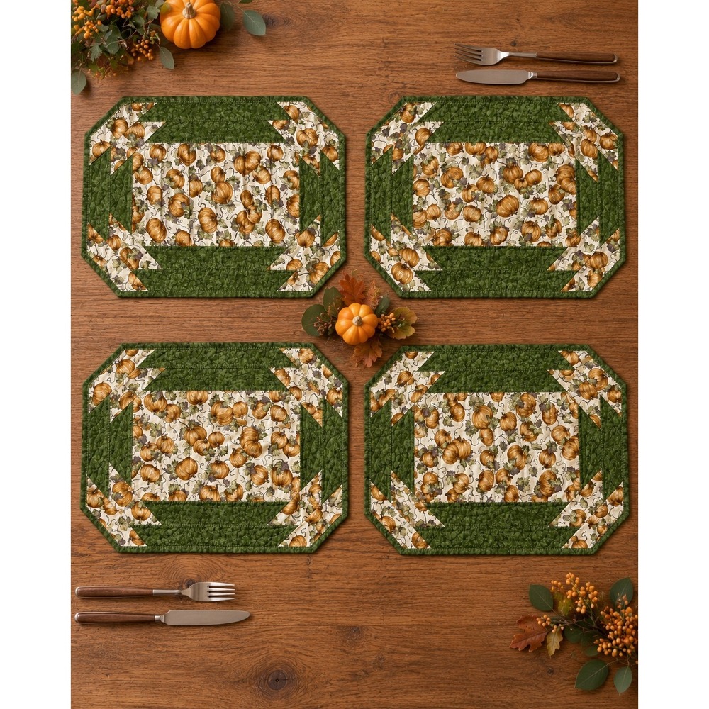 Handmade Quilted Pumpkin Placemats Set of 4 Green Orange Fall Harvest Decor